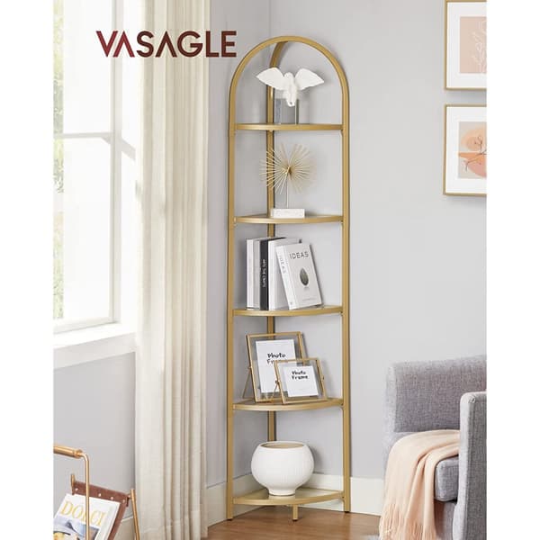 Hörnhyllställ, 5-nivå hörnbokhylla, hyllor i härdat glas, modern stil, växtställ med stålram för vardagsrum, sovrum, kök, badrum, gyllene färg ULGT81