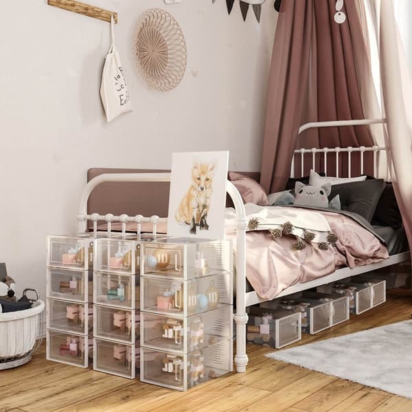 Skokartonger, 18 st stapelbara organisatörer för skoförvaring, vikbara och mångsidiga för sneakers, passar upp till brittisk storlek 10,5, transparen