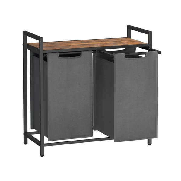 Pyykkikori, 2-osastoinen pyykkikori, Oxford-kangas, ulosvedettävät ja irrotettavat pesupussit, metallirunko, 2 x 46L, 73 x 33 x 72 cm, maalaisruskea