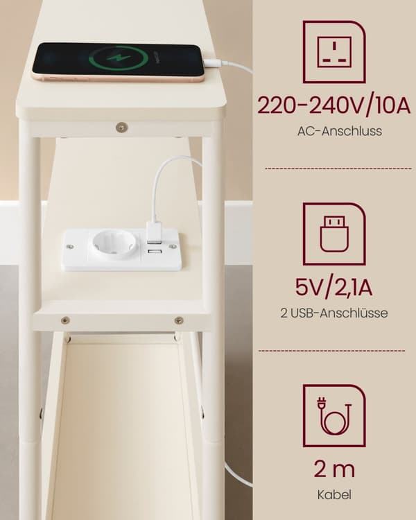 Slankt sidebord med strømskinne, sengebord i 3 niveauer, sidebord, til små rum, magasinholder, stue, soveværelse, kontor, cremehvid LET335W02