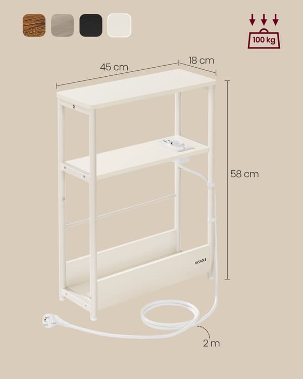 Slankt sidebord med strømskinne, sengebord i 3 niveauer, sidebord, til små rum, magasinholder, stue, soveværelse, kontor, cremehvid LET335W02