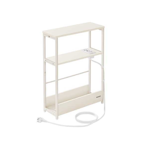 Slankt sidebord med strømskinne, sengebord i 3 niveauer, sidebord, til små rum, magasinholder, stue, soveværelse, kontor, cremehvid LET335W02