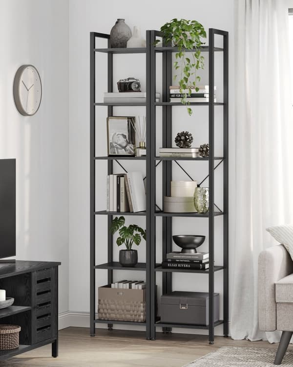 Bokhylla, smal bokhylla, liten bokhylla med 6 våningar, för vardagsrum, sovrum, 11,8 x 15,7 x 73,8 tum, industriell, rustik brun och svart LLS101B01