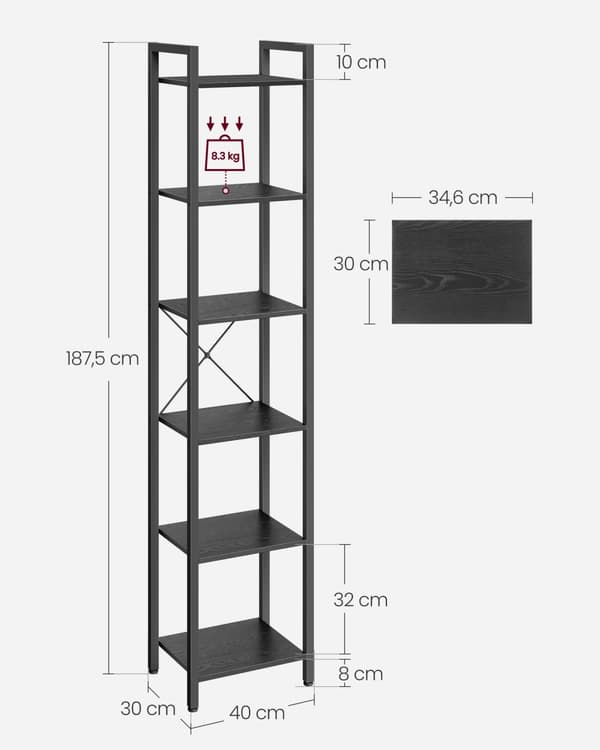 Bokhylla, smal bokhylla, liten bokhylla med 6 våningar, för vardagsrum, sovrum, 11,8 x 15,7 x 73,8 tum, industriell, rustik brun och svart LLS101B01