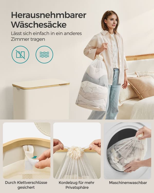 Pyykkikori kannella, 3-osainen suuri pyykkikori, 52,8 gallonaa (150L), irrotettava verkkovuori, bambukahvat, kokoontaitettava, 23,6 x 15,2 x 27,8 tuu