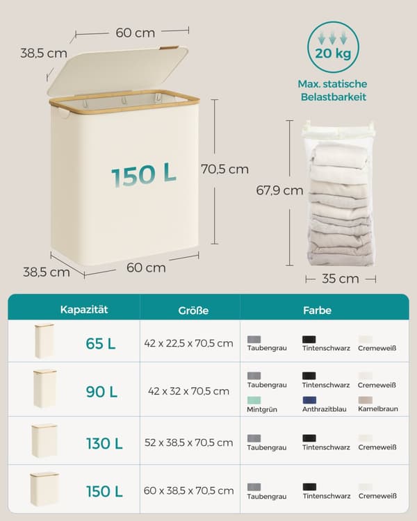 Pyykkikori kannella, 3-osainen suuri pyykkikori, 52,8 gallonaa (150L), irrotettava verkkovuori, bambukahvat, kokoontaitettava, 23,6 x 15,2 x 27,8 tuu