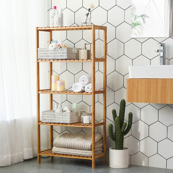 Badeværelse Køkkenopbevaring Bambus 5 hylder Justerbar gulvhøjde Blomsterstativ Boghylde naturlig, 60 x 26 x 130 cm