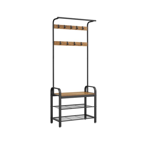 Kapphylla, kapphylla med bänk för skoförvaring, 4-i-1-design, med 9 löstagbara krokar, klädstång, för hall, entré, 33,7 x 77 x 183 cm, industriell, r
