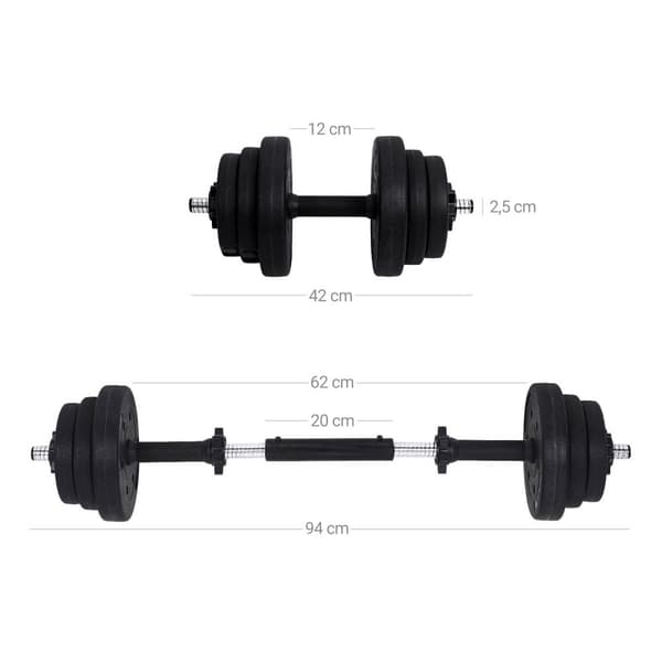 2-i-1-håndvægtsæt, 2 x 15 kg justerbare håndvægte med ekstra vægtstang, plastbelagte vægtskiver, fitnessøvelser, hjemmegym, sort SYL30HBK