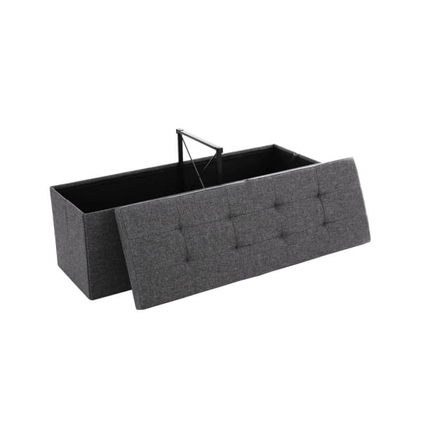 Bänk med förvaringsutrymme, förvaringslåda med lock, vikbar, lastkapacitet 300 kg, 120L, 38 x 110 x 38 cm, linnetyg mörkgrå