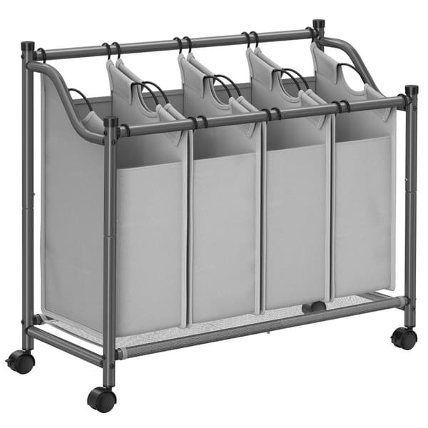 Rullande tvättsorterare, tvättkorg med 4 löstagbara påsar, tvättkorg, tvättvagn, för tvättstuga, sovrum, badrum, 4 x 35L, grå LSF005GS