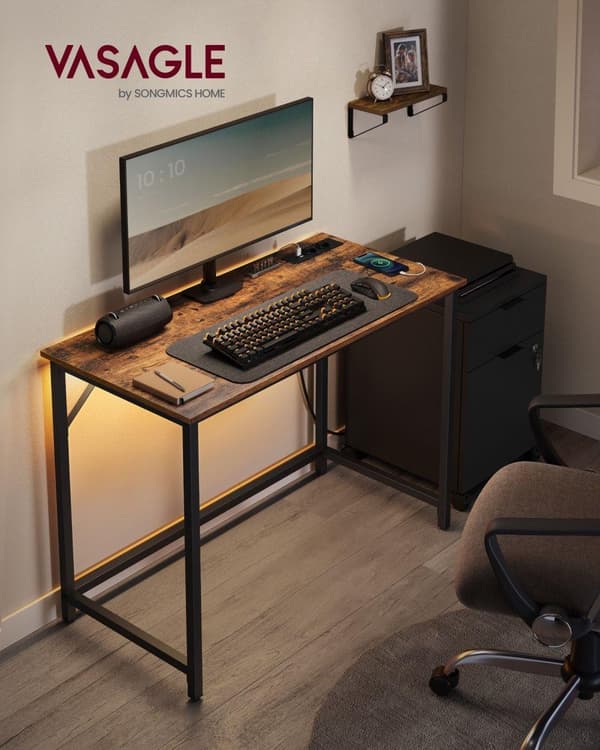 Toimistopöytä pelipöytä LED-valoilla, Power Strip, tietokonepöytä, 50 x 100 x 76, tilaa säästävä, työhuoneeseen, kotitoimistoon, Vintage Brown-Musta