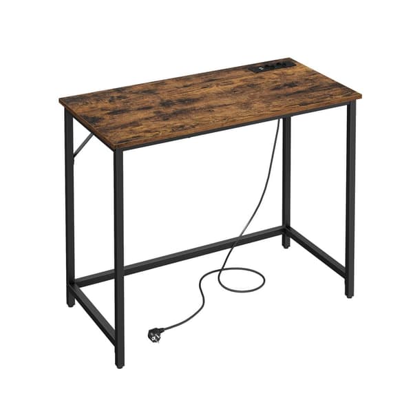 Skrivbord med LED-lampor, Power Strip, Datorbord, 50 x 100 x 76, Platsbesparande, för studierum, hemmakontor, Vintage Brown-Black