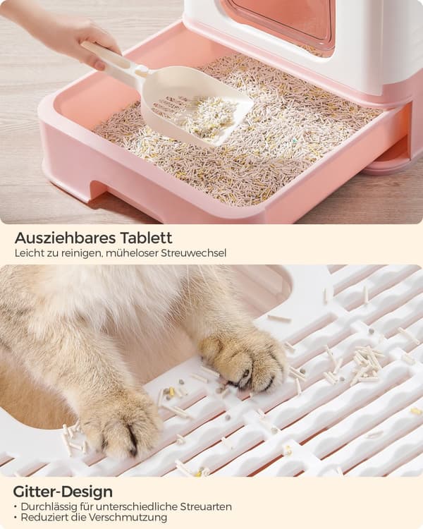 Kattsandlåda med lock och skopa rymlig vit-pastellrosa