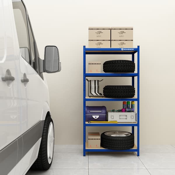 5-trins reol, stålreol til opbevaring, værktøjsfri montering, til garage, skur, belastningskapacitet 650 kg, 30 x 75 x 150 cm, blå GLR30Q