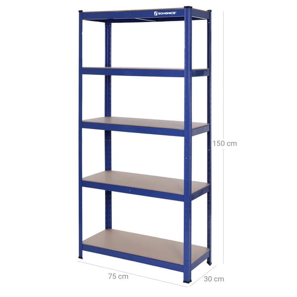 5-trins reol, stålreol til opbevaring, værktøjsfri montering, til garage, skur, belastningskapacitet 650 kg, 30 x 75 x 150 cm, blå GLR30Q