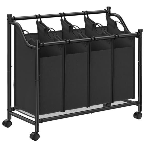 Rullande tvättsorterare, tvättkorg med 4 löstagbara påsar, tvättkorg, tvättvagn, för tvättstuga, sovrum, badrum, 4 x 35L, svart LSF005