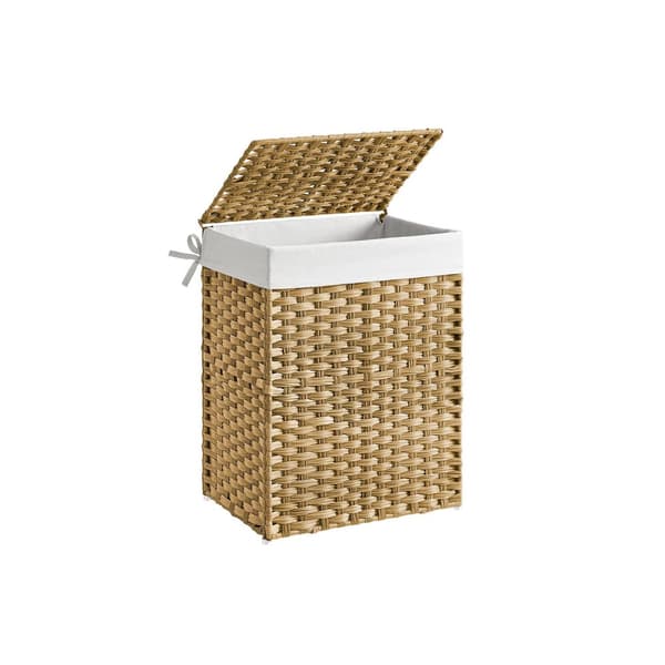 Håndvævet vasketøjskurv, 90L syntetisk rattan tøjspand med låg og håndtag, foldbar, aftagelig foringspose, naturlig LCB51NL