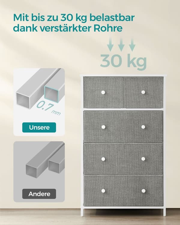 Kommode med 5 stofskuffer og metalramme lysegrå-hvid