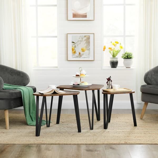 Stapelbart soffbord, Set med 3 gavlar för vardagsrummet, stapelbara sidobord, robust och enkel montering, stålram, industriell stil, rustikt brunt oc