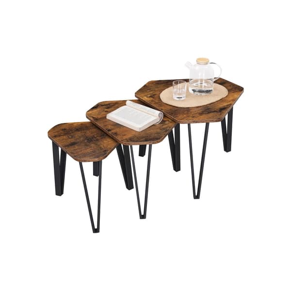 Stapelbart soffbord, Set med 3 gavlar för vardagsrummet, stapelbara sidobord, robust och enkel montering, stålram, industriell stil, rustikt brunt oc