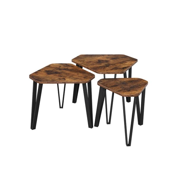 Stapelbart soffbord, Set med 3 gavlar för vardagsrummet, stapelbara sidobord, robust och enkel montering, stålram, industriell stil, rustikt brunt oc