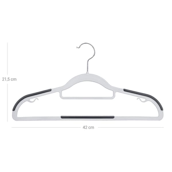 Klädhängare, 50 st, kraftiga plasthängare med halkfri design, platsbesparande klädhängare, 0,6 cm tjocka, 360° vridbar krok, 42 cm långa, ljusgrå och