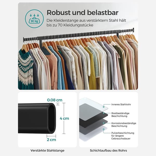 Tøjstativ med hjul, kraftigt tøjstativ med udtrækkelig stang, 286,6 lb belastningskapacitet, 17,7 x (43,3-59,1) x 64,1 tommer, mat sort UHSR011B01