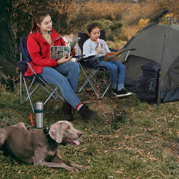Hopfällbara campingstolar, uppsättning med 2 utomhusstolar, med armstöd, mugghållare, bärbar, 120 kg kapacitet, för camping, trädgård, fiske, strand,