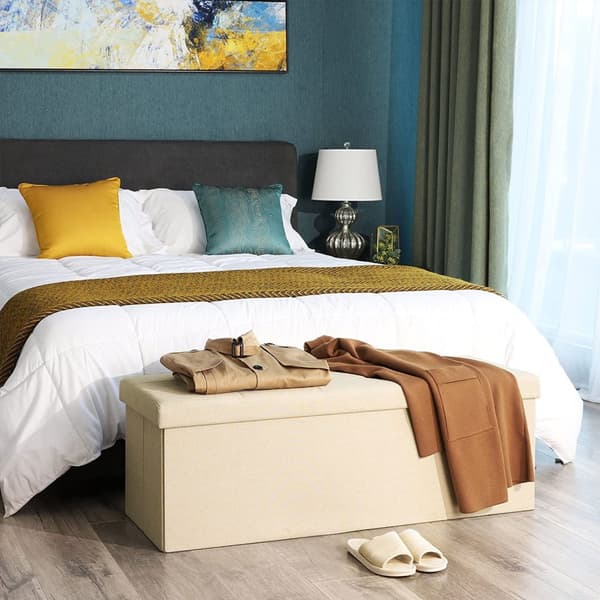 Hopfällbar förvarings Ottoman, tuftad bänk, fotpall med lock, linnetyg i imitation, 120L, rymmer upp till 300 kg, 110 x 38 x 38 cm (L x B x H), Beige