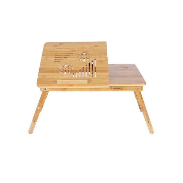 Bamboo Laptop Desk, hopfällbart sängbord, höjdjusterbar soffbricka, med 5 lutningsvinklar, lufthål, liten låda, 55 x 35 x (21 - 29) cm