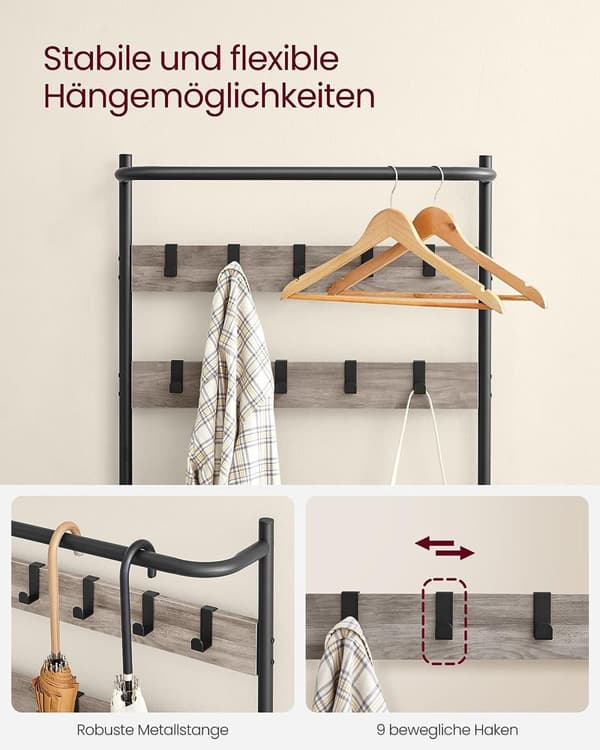 Vaateteline 9 koukulla 32,2 x 64 x 180 vintage ruskea-musta