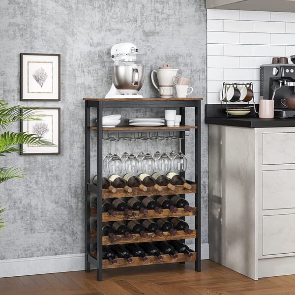 Vinställ 24 vinflaskor Stående flaskställ med glashållare för kök, bar och matsal Vintage Brown Black