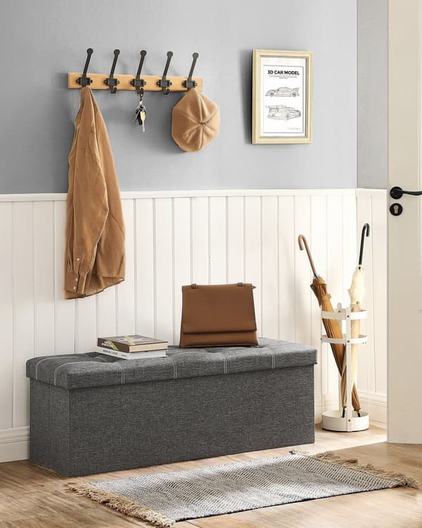 Förvarings Ottoman, hopfällbar förvaringskista, 110 x 38 x 38 cm, fotpall i konstlinne, rymmer upp till 300 kg, sovrum vardagsrum hall, mörkgrå LSF07