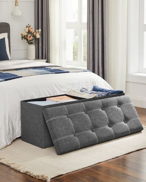 Förvarings Ottoman, hopfällbar förvaringskista, 110 x 38 x 38 cm, fotpall i konstlinne, rymmer upp till 300 kg, sovrum vardagsrum hall, mörkgrå LSF07