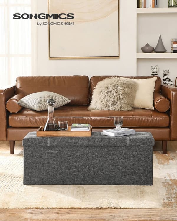 Förvarings Ottoman, hopfällbar förvaringskista, 110 x 38 x 38 cm, fotpall i konstlinne, rymmer upp till 300 kg, sovrum vardagsrum hall, mörkgrå LSF07