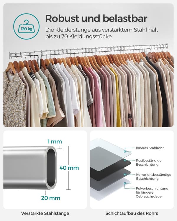 Heavy Duty Clothes Rail Adjustable Metal Chromed Garment Rack, maksimal kapacitet 130 kg, 3,6-4,9 fod lang HSR11S