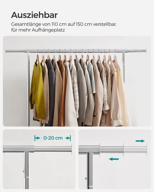 Heavy Duty Clothes Rail Adjustable Metal Chromed Garment Rack, maksimal kapacitet 130 kg, 3,6-4,9 fod lang HSR11S