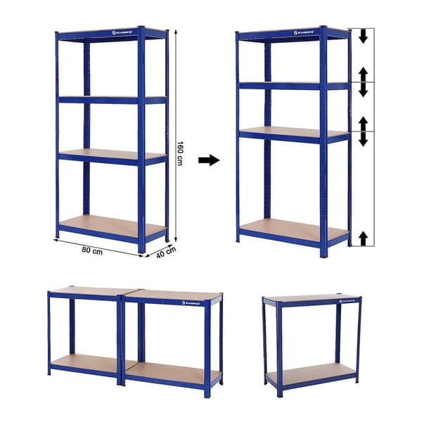 160 x 80 x 40 cm Heavy-Duty reol - 520 kg kapacitet - Boltfri stålhylder - Blå