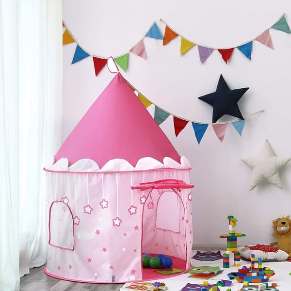 Prinsessa linna leikkiteltta tytöille taaperoille, sisä- ja ulkoleikkimökki, kannettava Pop Up Play Teepee, lahja lapsille, vaaleanpunainen