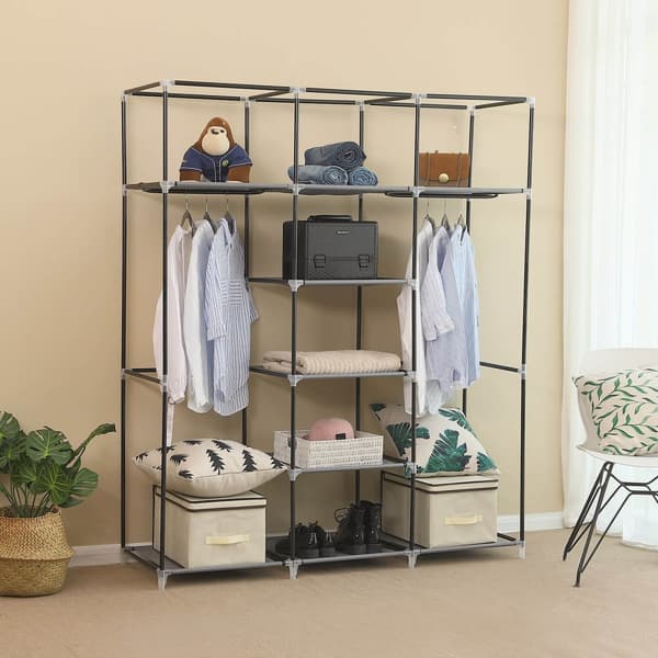 Canvas Wardrobe Bedroom Furniture Cupboard Clothes Storage Organiser Grey 175 x 150 x 45 cm