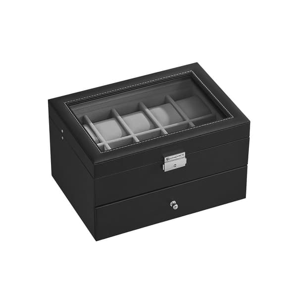 Klockbox med 20 fack, stort förvaringsskåp för klockor med glaslock, PU-överdrag, sammetsfoder, utmärkt present till nära och kära, svart JWB020