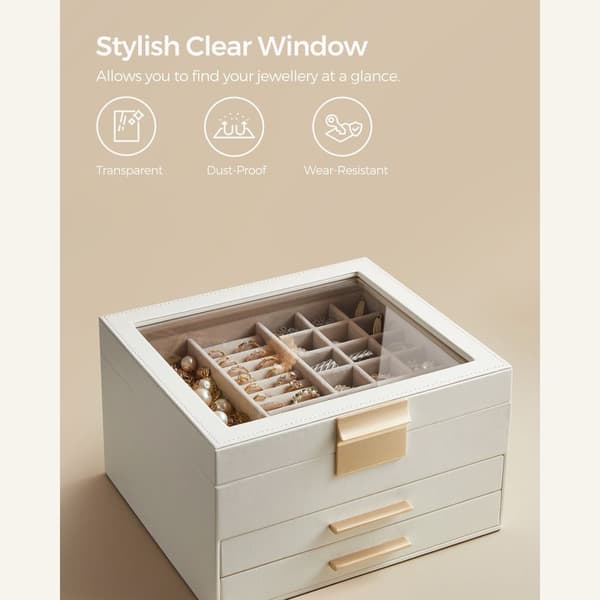 Smyckeskrin med glaslock, smyckesorganisatör i 3 lager med 2 lådor, smyckesförvaring, gott om förvaringsutrymme, modern stil, present till nära och k
