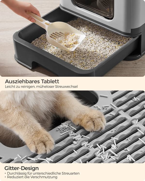 Feandrea Hidden Cat Litter Box, kattlåda med huva, utdragbar bricka, skopa, borste, rymlig för stora katter, max. Last 15 kg, Anti-spårning, Anti-läc