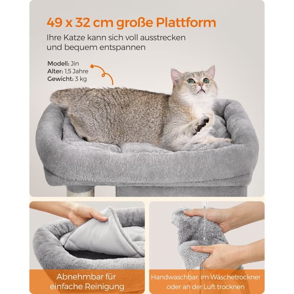 Feandrea Katträd, 74 cm Kattorn, M, Kattkoja för medelstora katter upp till 5 kg, stor sittpinne, 2 kattgrottor, klösbräda, ljusgrå