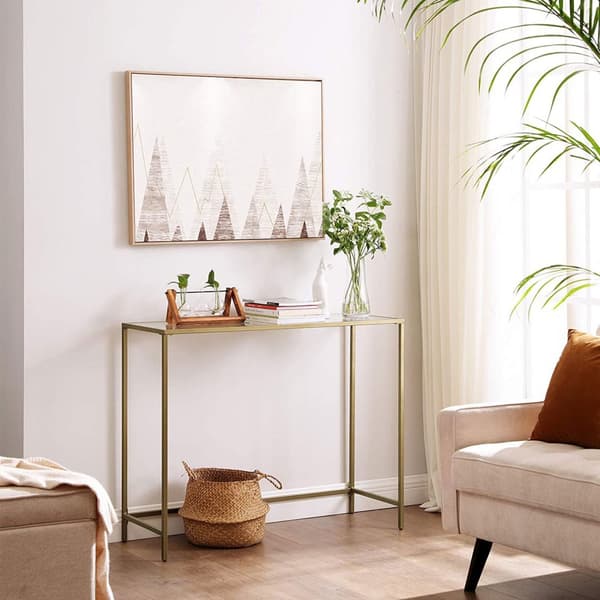 Konsolbord, bord i hærdet glas, moderne sofa- eller entrébord, metalramme, robust, justerbare fødder, til stue, gang, gylden LGT26G