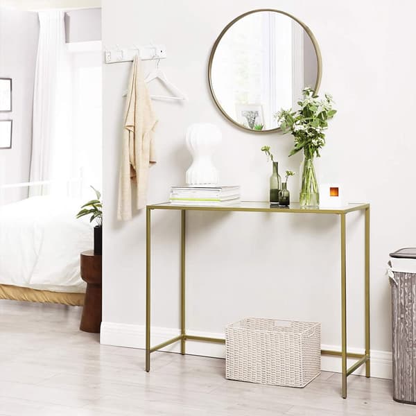 Konsolbord, bord i hærdet glas, moderne sofa- eller entrébord, metalramme, robust, justerbare fødder, til stue, gang, gylden LGT26G