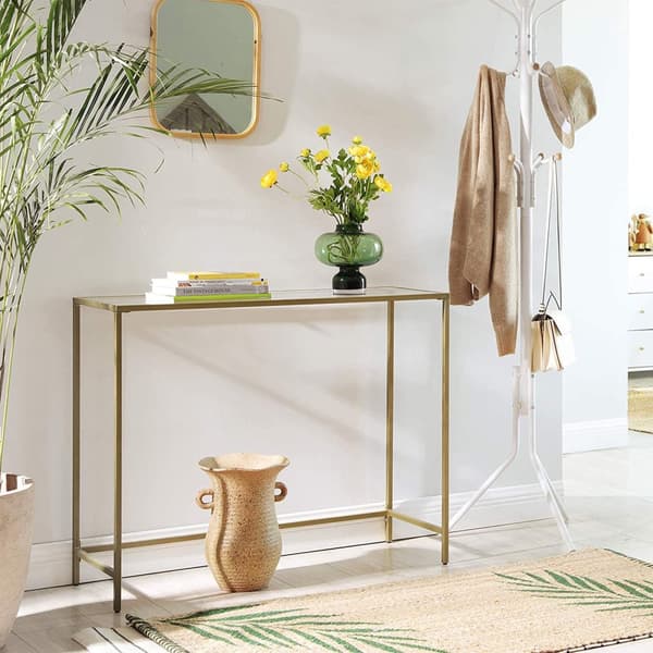Konsolbord, bord i hærdet glas, moderne sofa- eller entrébord, metalramme, robust, justerbare fødder, til stue, gang, gylden LGT26G