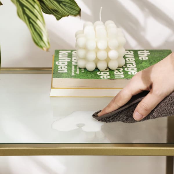 Konsolbord, bord i hærdet glas, moderne sofa- eller entrébord, metalramme, robust, justerbare fødder, til stue, gang, gylden LGT26G