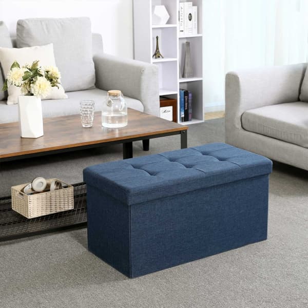 Förvarings Ottoman Bänk, Kista med lock, Fällbar Sits, Sovrum, Hall, Platsbesparande, 80L Kapacitet, Rymmer upp till 300 kg, Vadderad, Mörkblå